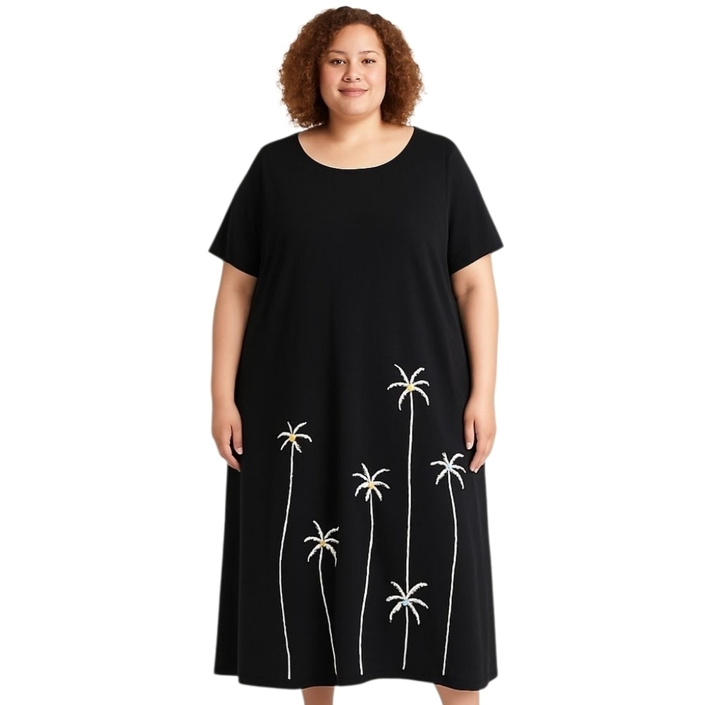 Vintage Cité Black Cotton Palm Tree Maxi Dress Made USA Plus 2X